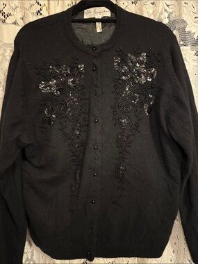 Vintage Lambswool angora Black Beaded Flower Embellished Cardigan